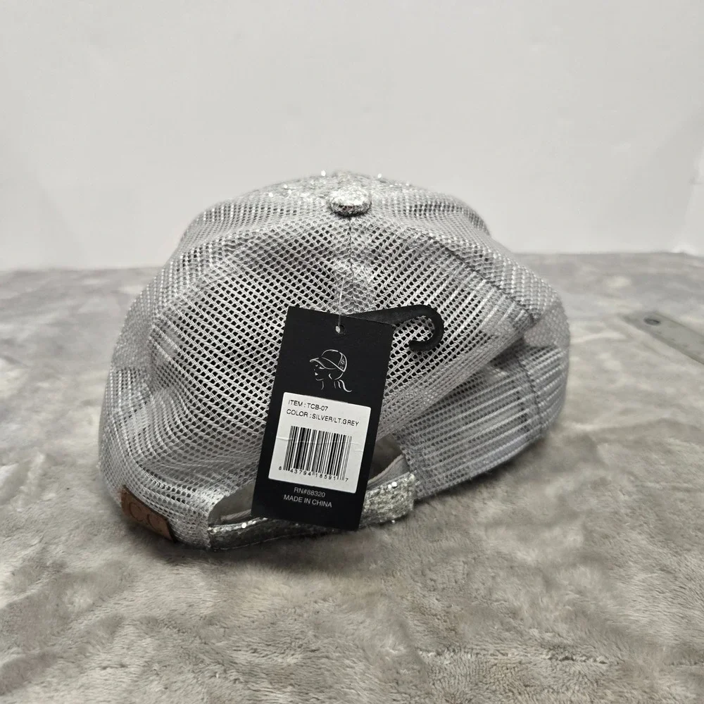 CC Exclusives Silver Sequin Trucker Hat Light Grey Mesh Snapback Cap TCB-07 New